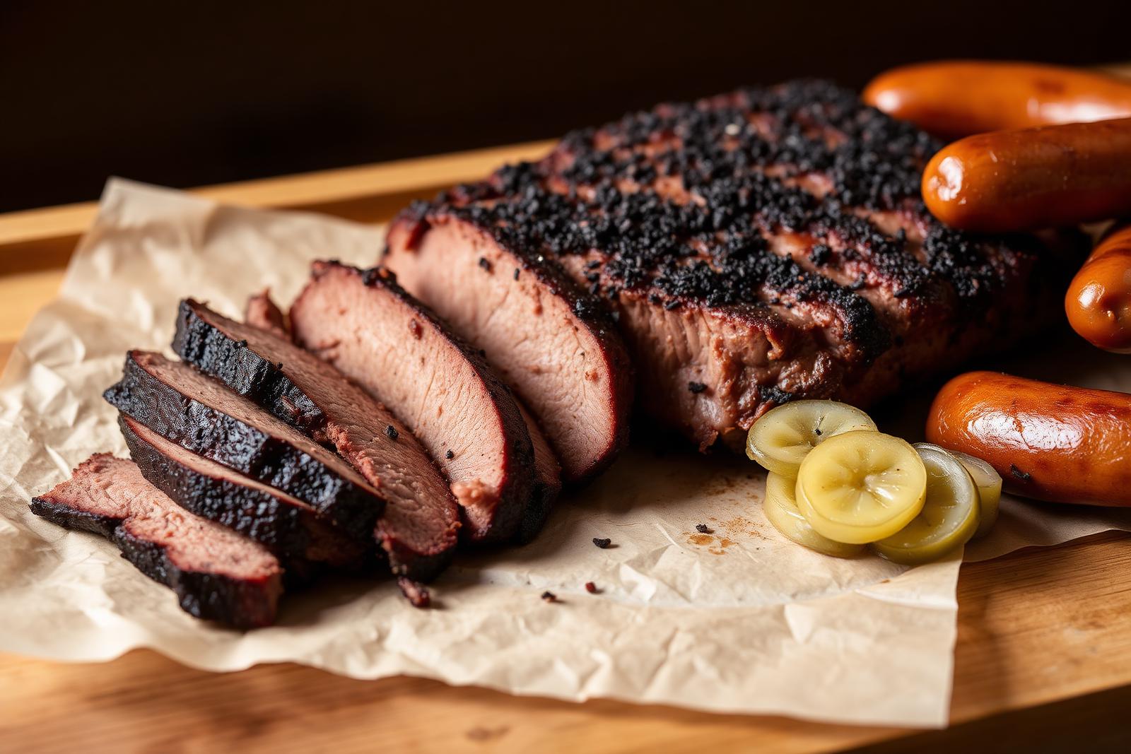 Sliced smoked brisket with a dark peppery bark on butcher paper