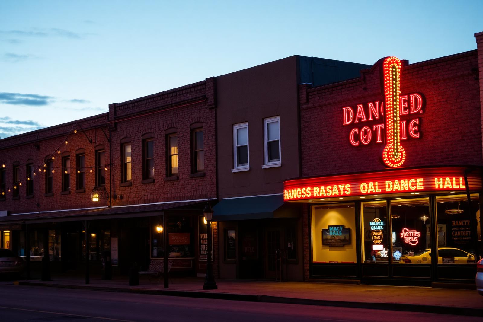 A historic Texas courthouse square in a small town at golden hour