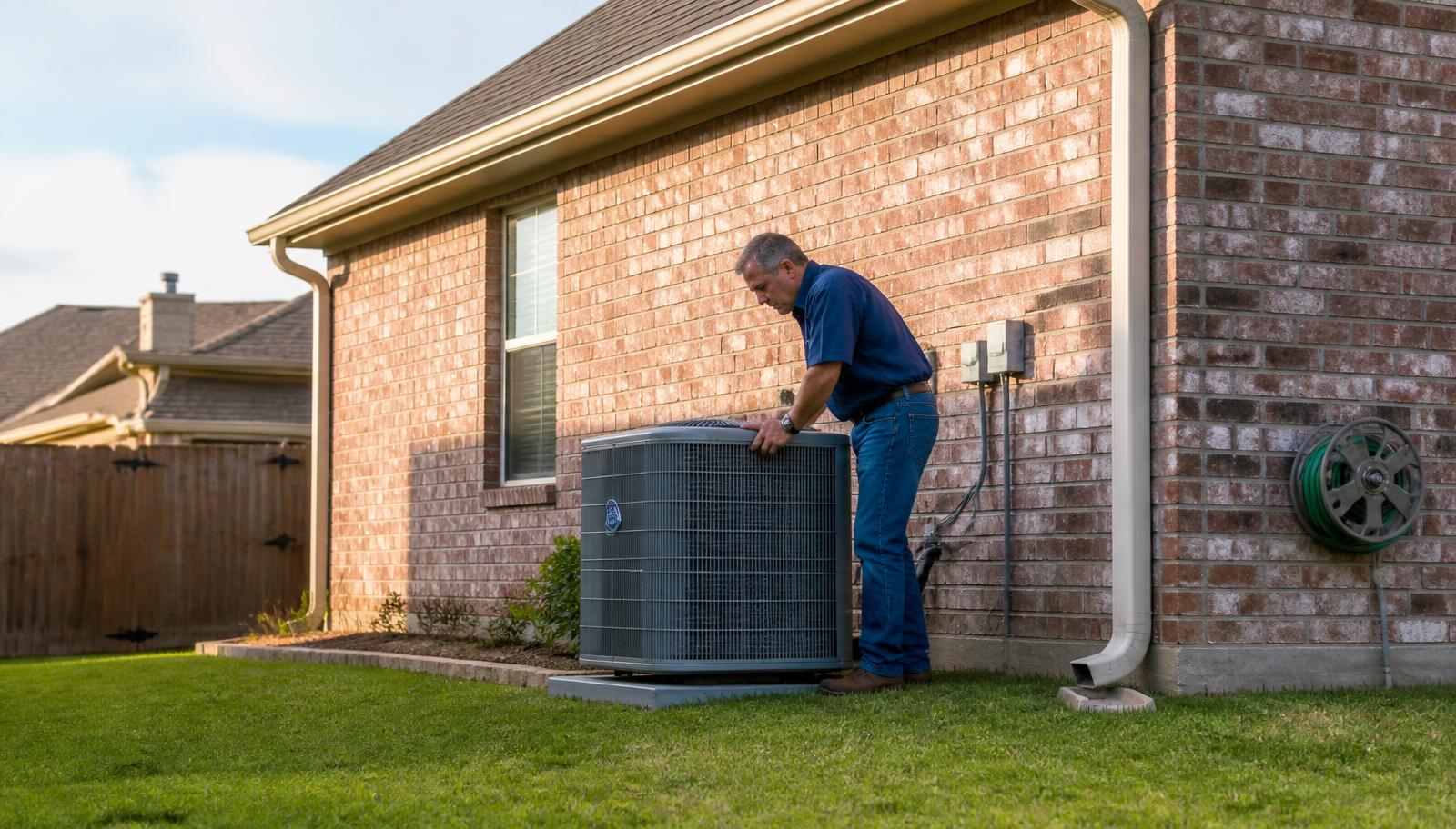A homeowner checking the outdoor air conditioning unit beside a brick Texas house