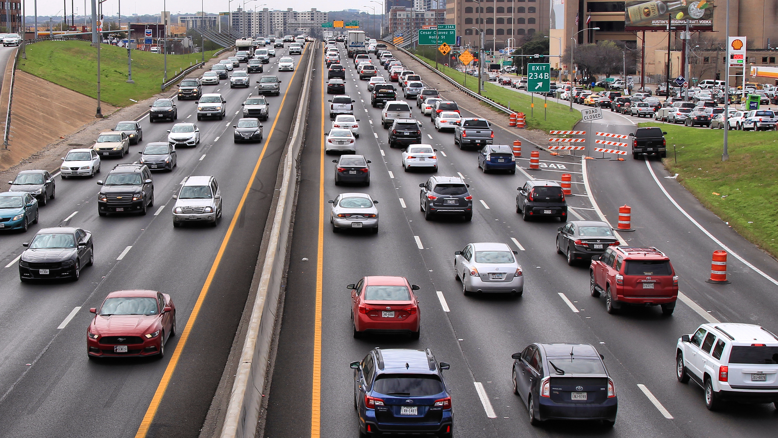 Heavy traffic on Interstate 35 through downtown Austin
