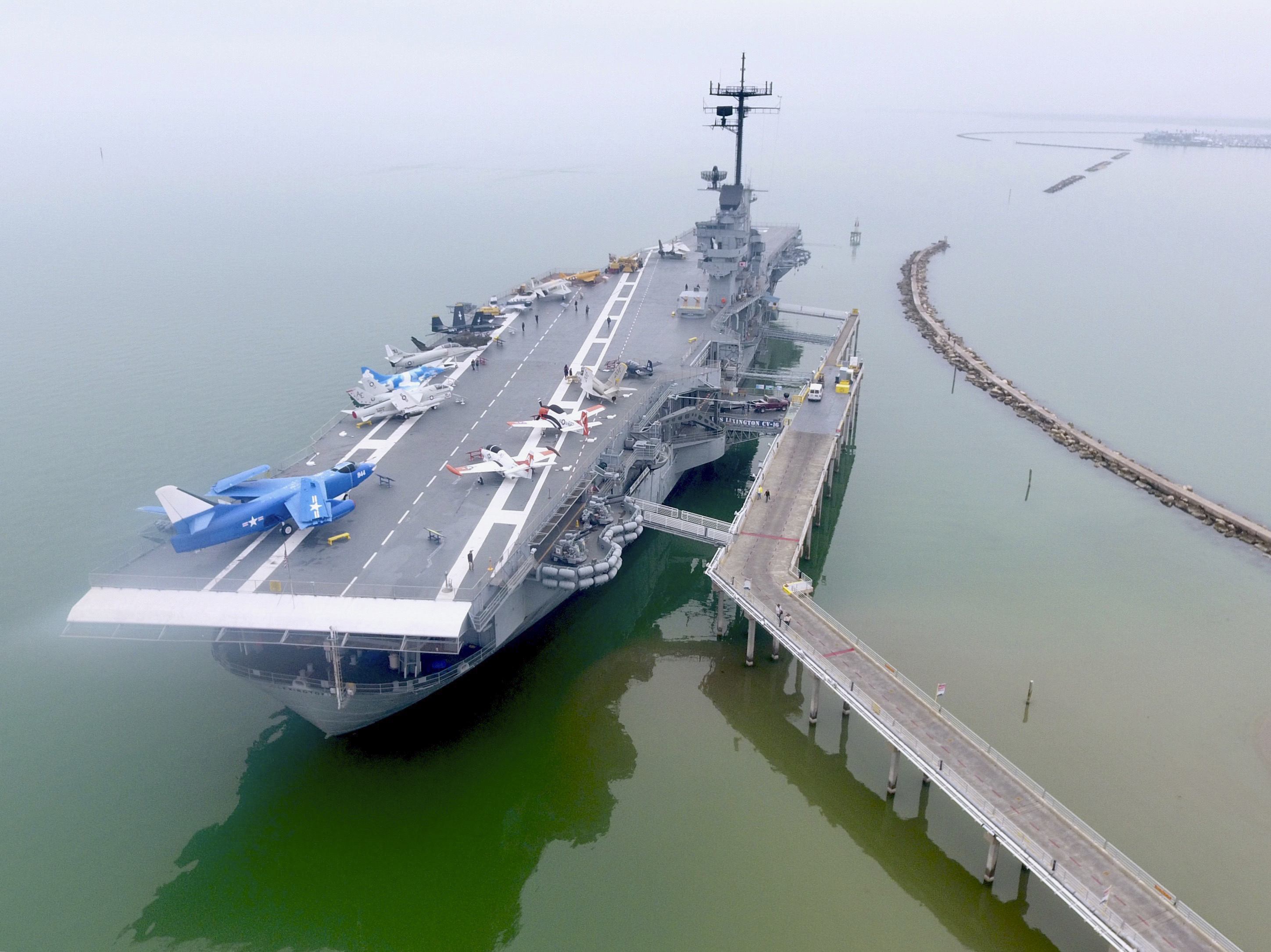Aerial view of USS Lexington moored at North Beach in Corpus Christi