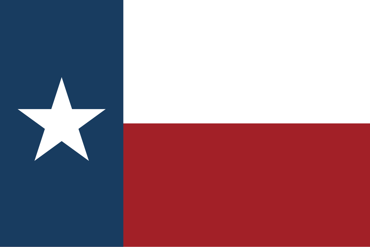 Historical rendering of the 1839 Lone Star flag of the Republic of Texas with a blue hoist, white star, white upper stripe and red lower stripe